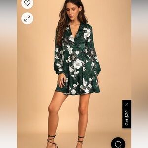 So Splendid Dark Green Floral Satin Long Sleeve Wrap Dress